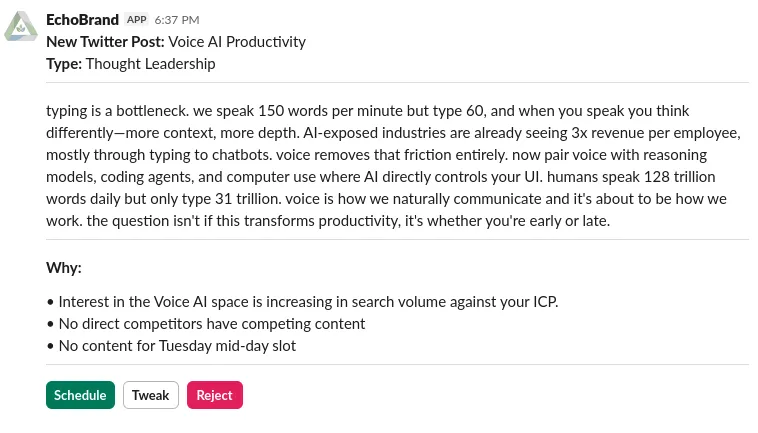 EchoBrand Slack approval interface showing opportunities